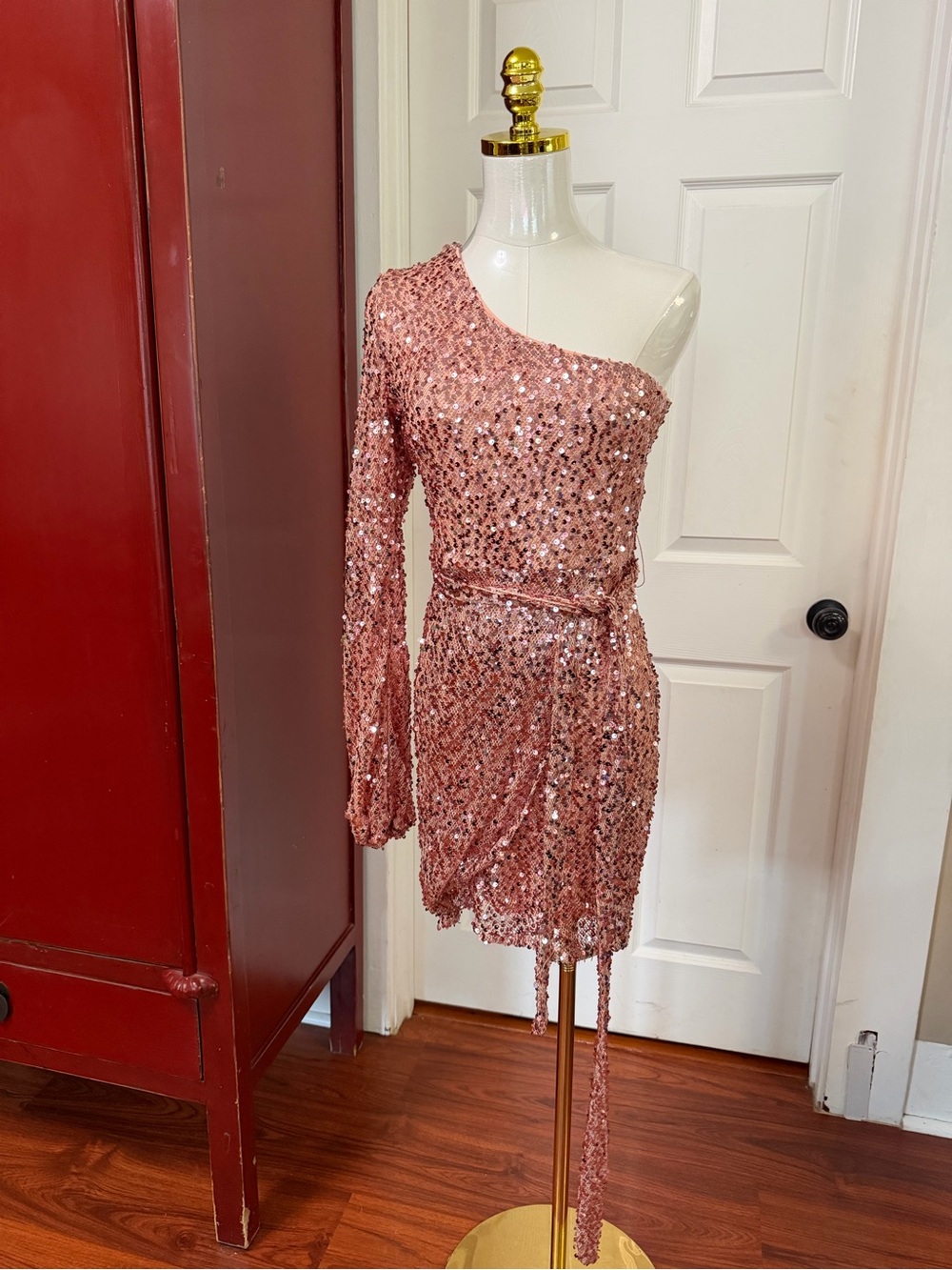Sequin One-Shoulder Mini Dress in Pink